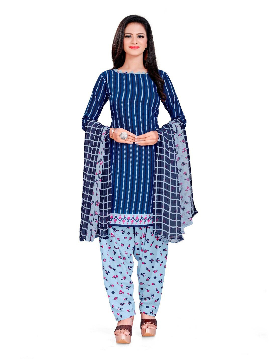 

INDIAN HERITAGE Navy Blue & Grey Printed Silk Crepe Unstitched Dress Material