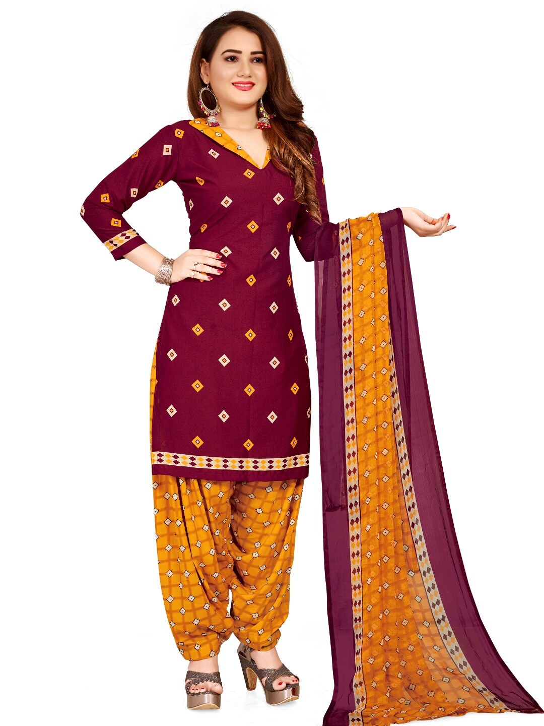 

INDIAN HERITAGE Maroon & Mustard Printed Silk Crepe Unstitched Dress Material