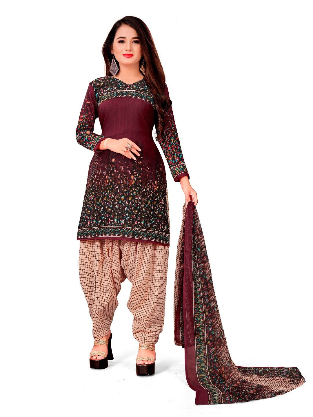 

INDIAN HERITAGE Maroon & Pink Printed Silk Crepe Unstitched Dress Material