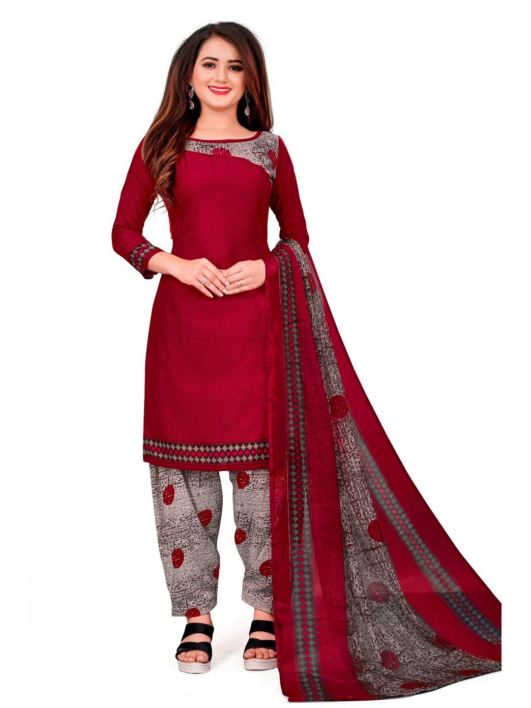 

INDIAN HERITAGE Maroon & Grey Printed Silk Crepe Unstitched Dress Material