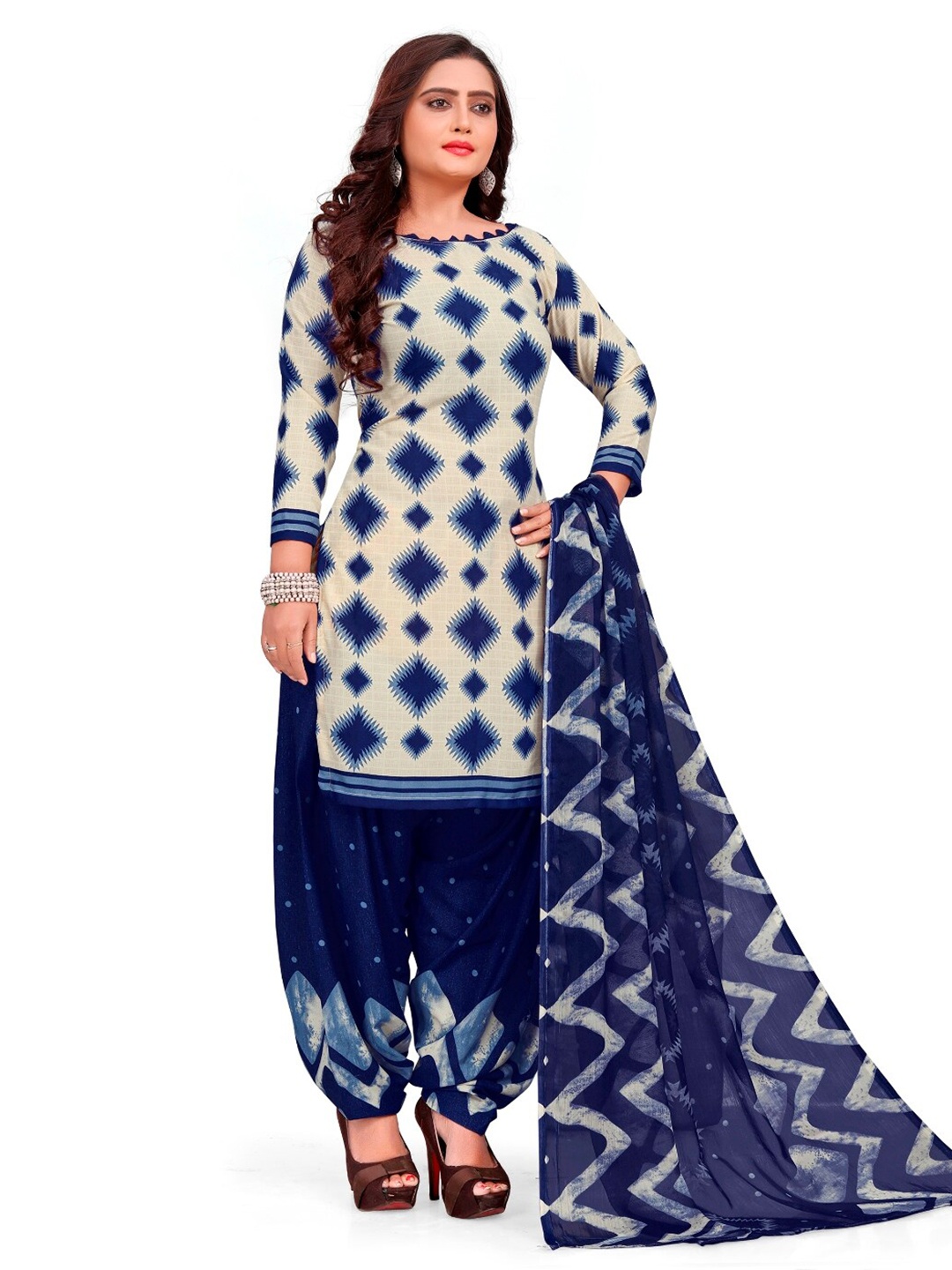 

INDIAN HERITAGE Navy Blue & Cream-Coloured Printed Silk Crepe Unstitched Dress Material