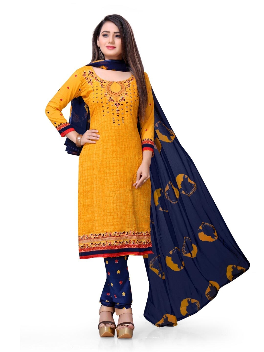 

INDIAN HERITAGE Yellow & Navy Blue Printed Silk Crepe Unstitched Dress Material
