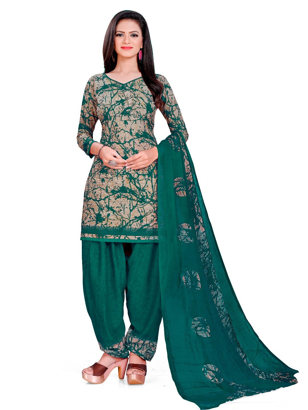 

INDIAN HERITAGE Green & Pink Printed Silk Crepe Unstitched Dress Material