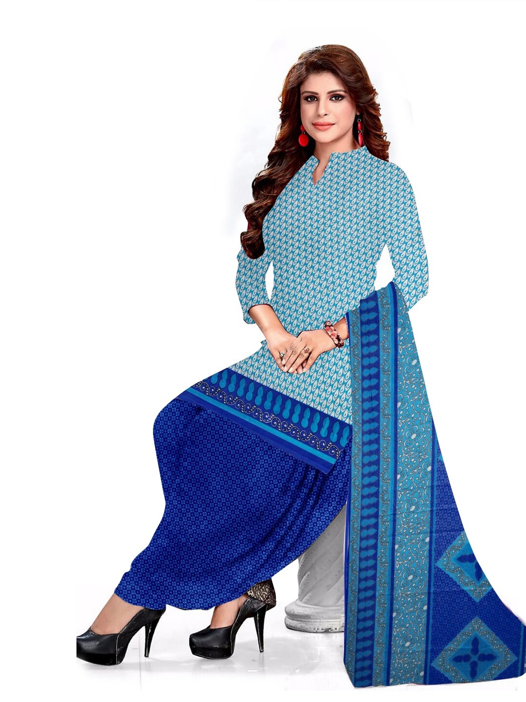 

INDIAN HERITAGE Women Blue & Grey Printed Silk Crepe Unstitched Dress Material