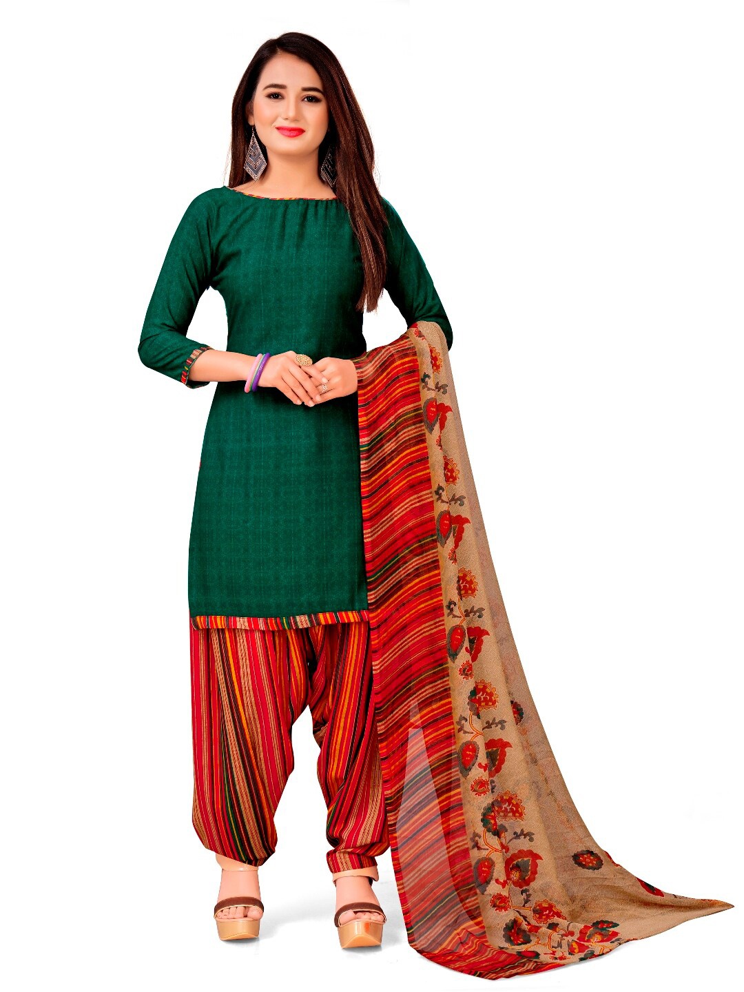 

INDIAN HERITAGE Green & Red Printed Silk Crepe Unstitched Dress Material