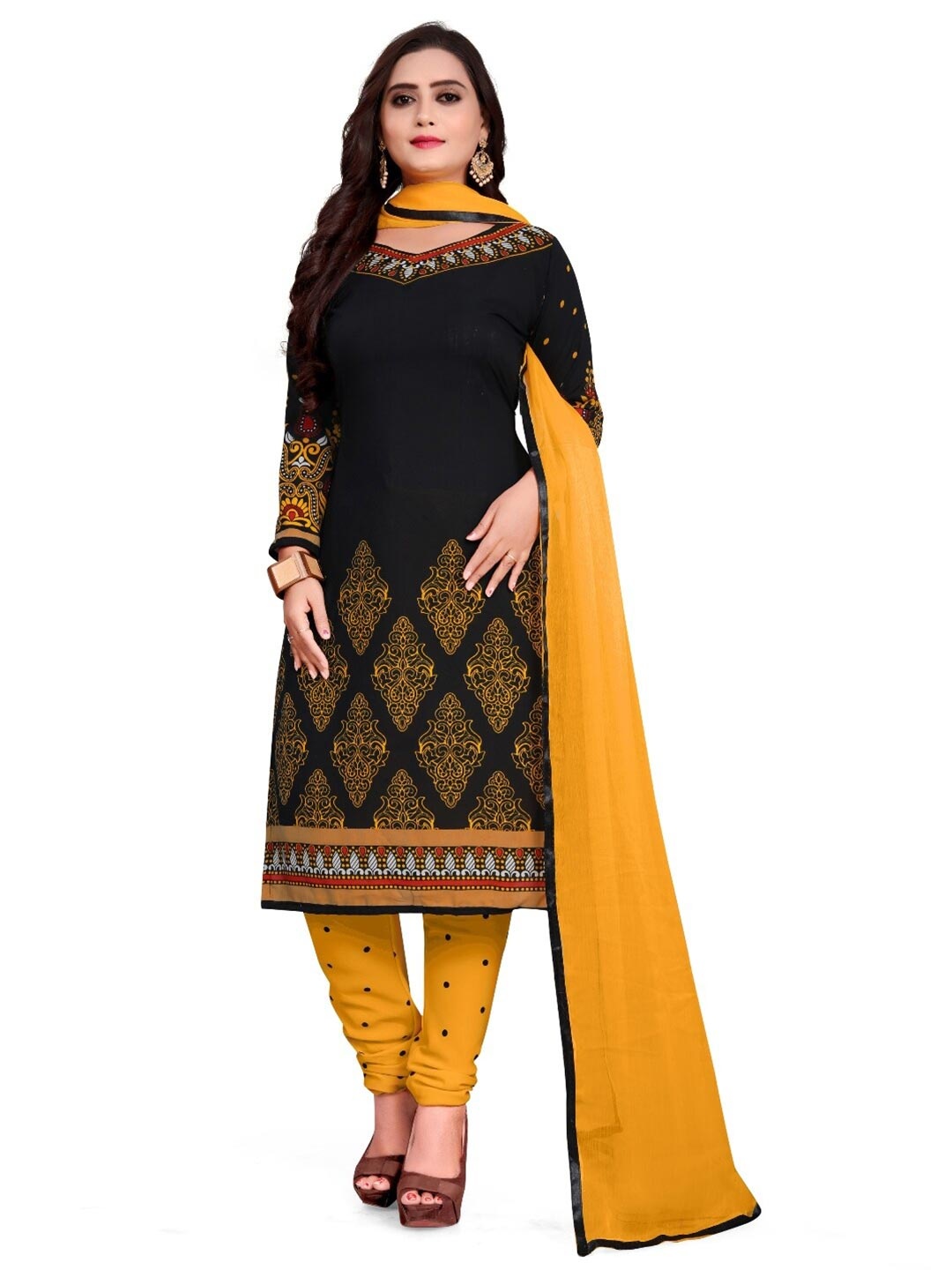 

INDIAN HERITAGE Black & Yellow Printed Silk Crepe Unstitched Dress Material
