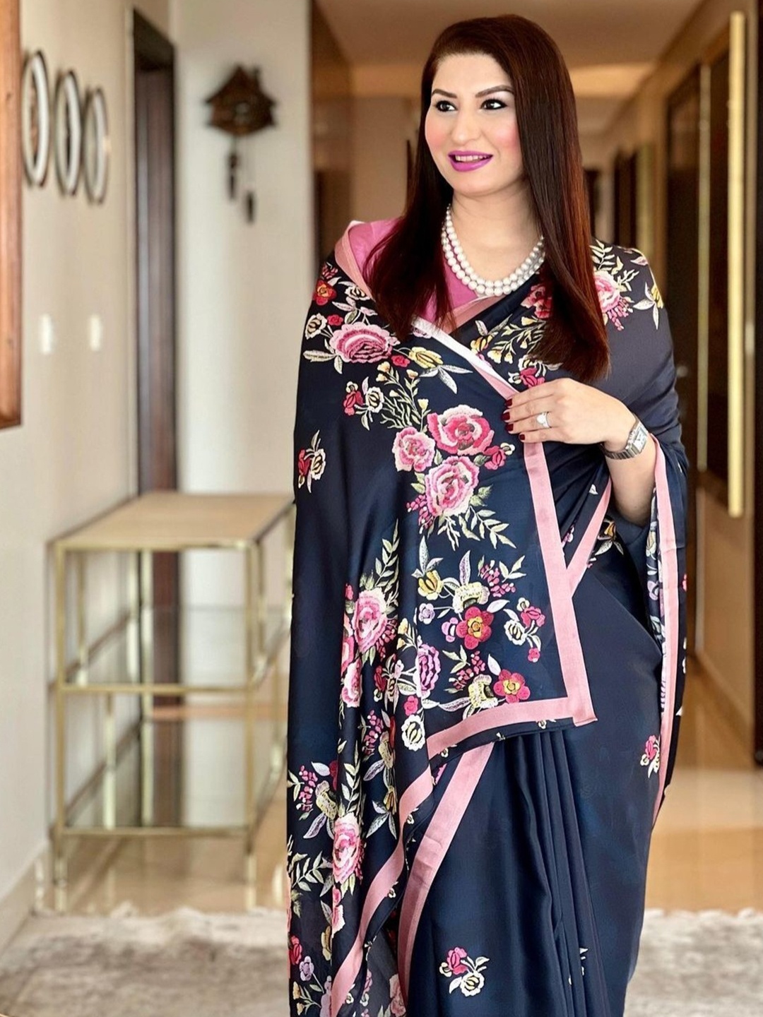 

BEATITUDE Blue & White Floral Satin Saree