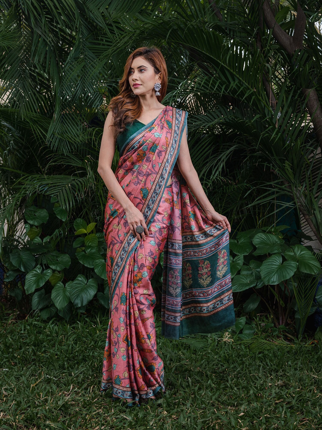 

BEATITUDE Pink & Blue Floral Satin Saree