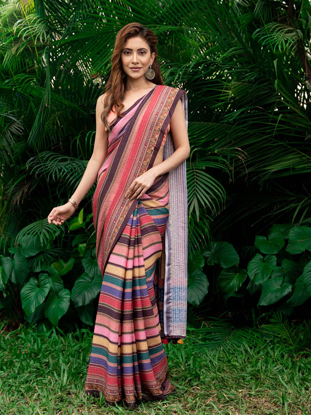 

BEATITUDE Pink & Blue Striped Sequinned Silk Blend Saree