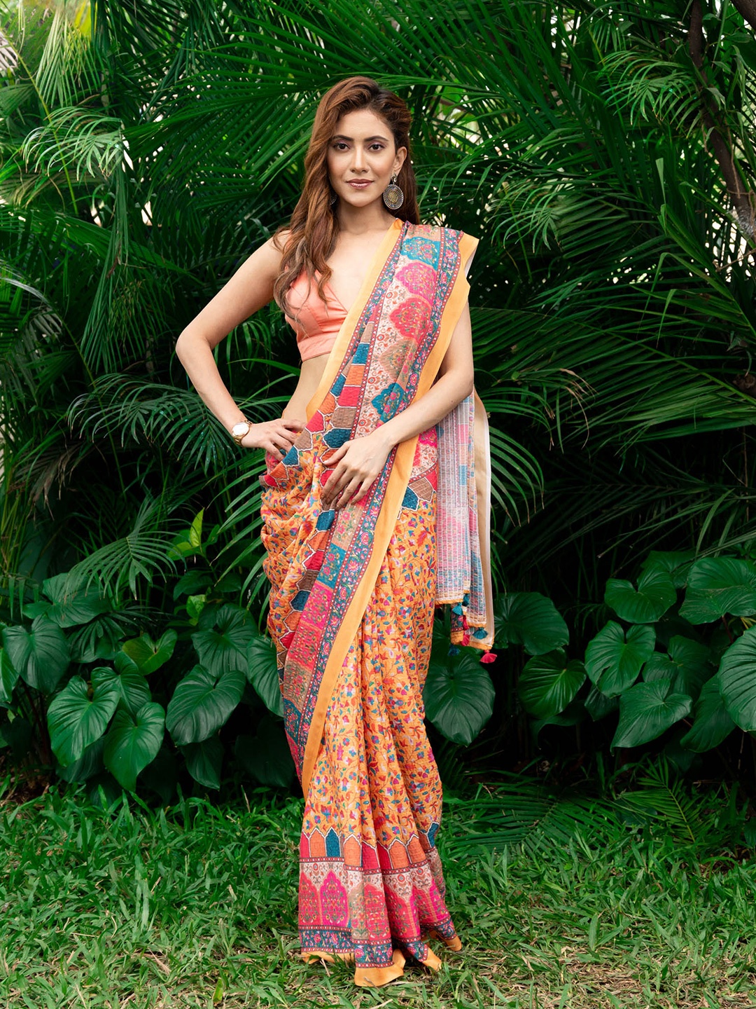 

BEATITUDE Yellow & Blue Floral Sequinned Silk Blend Saree