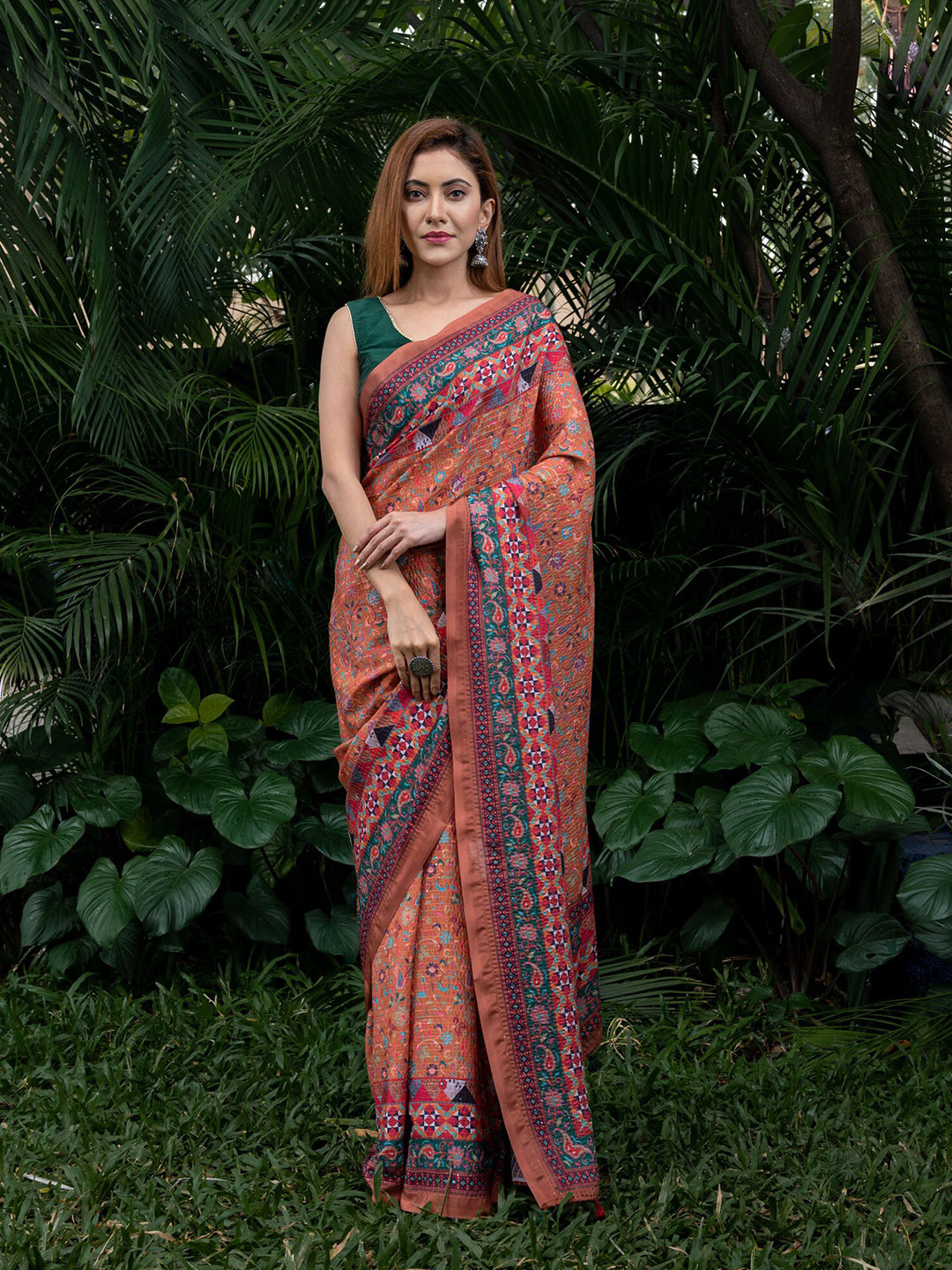 

BEATITUDE Orange & Green Floral Sequinned Silk Blend Saree