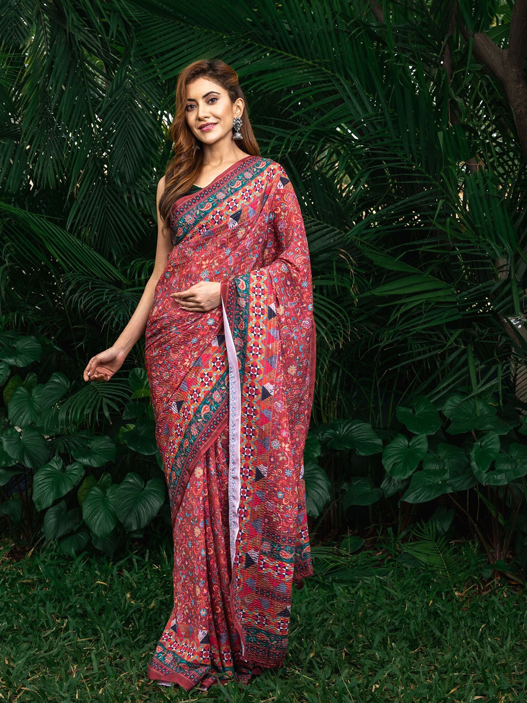 

BEATITUDE Pink & Blue Floral Sequinned Silk Blend Saree
