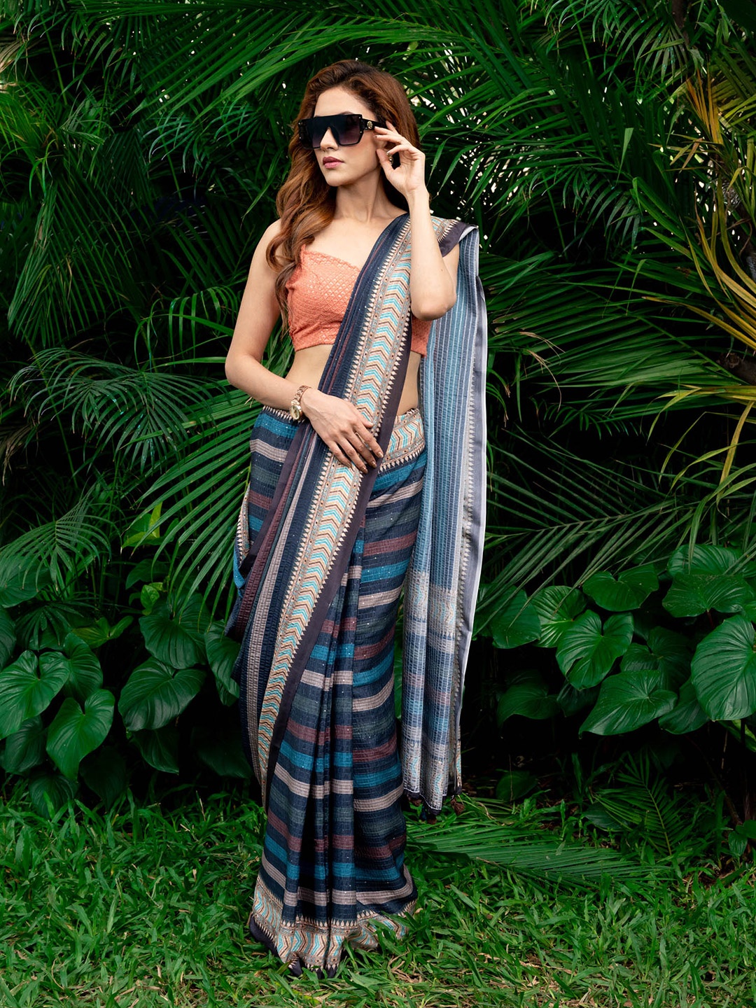 

BEATITUDE Blue & Pink Striped Sequinned Silk Blend Saree