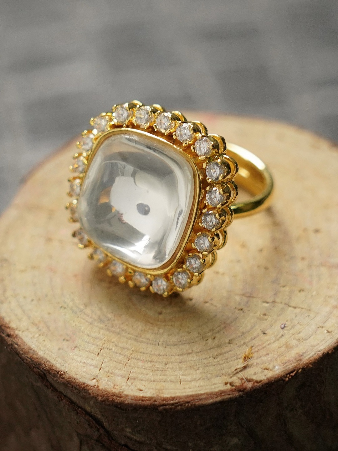 

AURAA TRENDS 22KT Gold-Plated White Kundan-Studded Adjustable Finger Ring