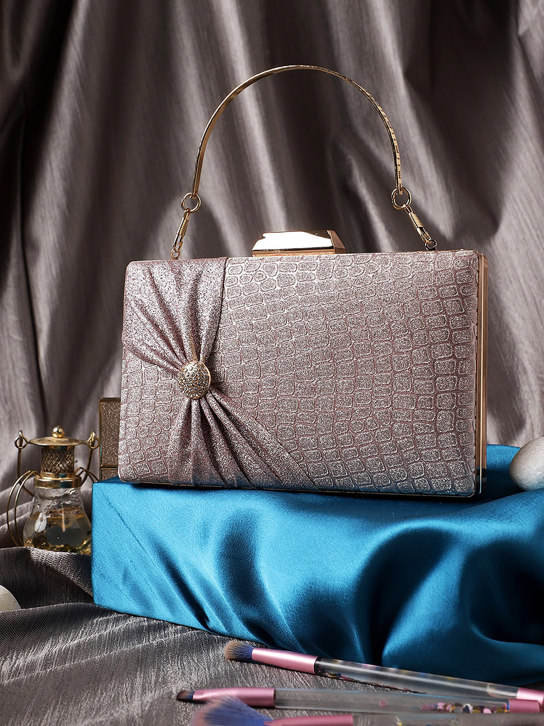 

Exotic Purple & Gold-Toned Embellished Box Clutch