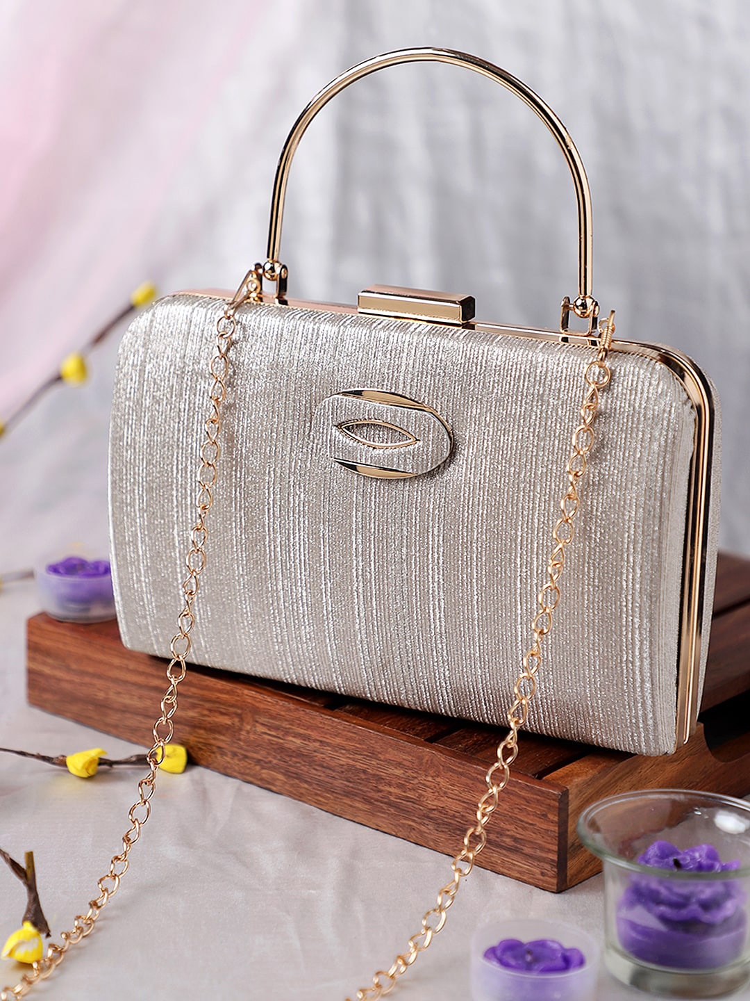 

Exotic Grey & Gold-Toned Embellished Fringed Box Clutch