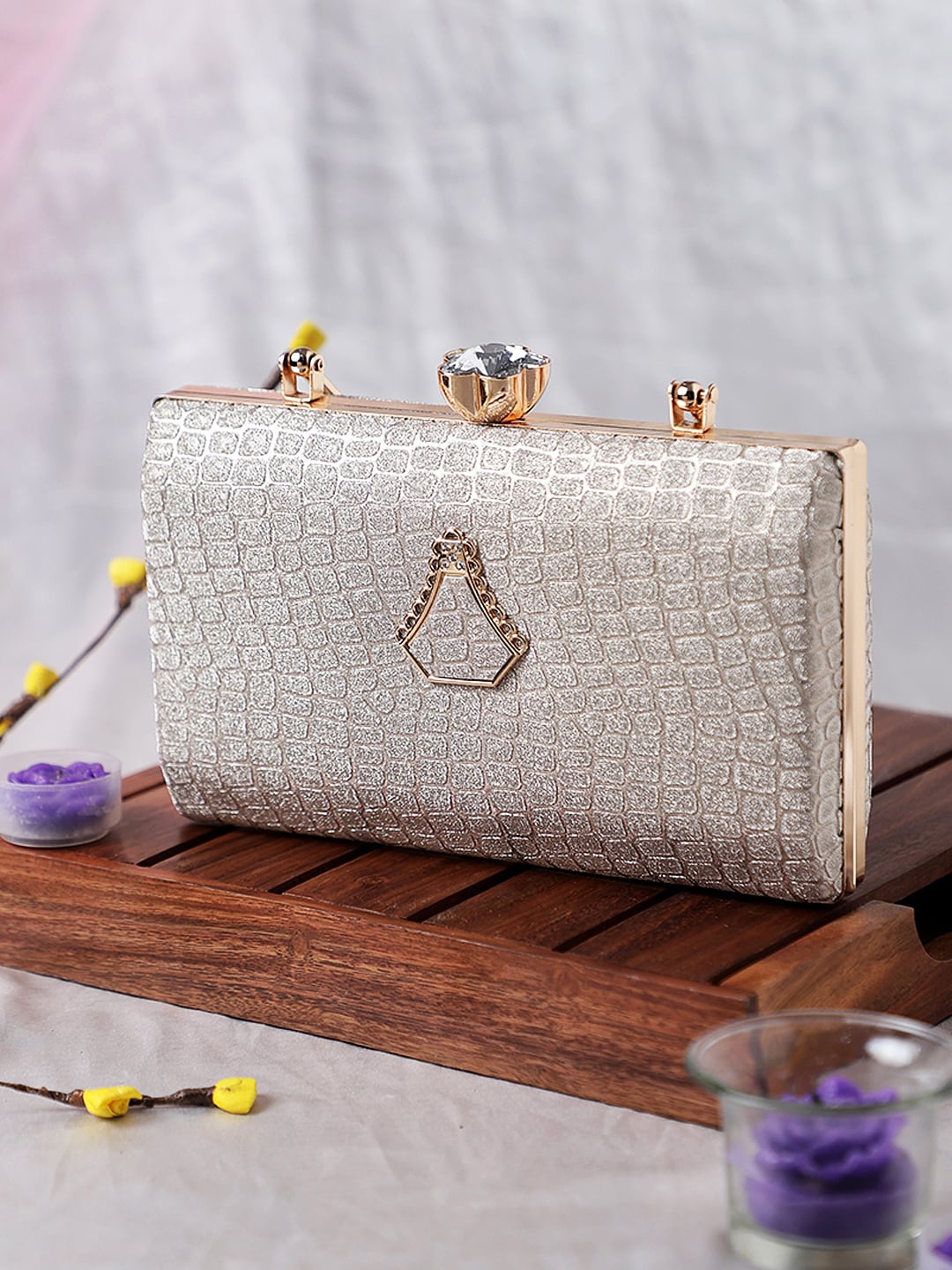 

Exotic Silver-Toned Textured Box Clutch
