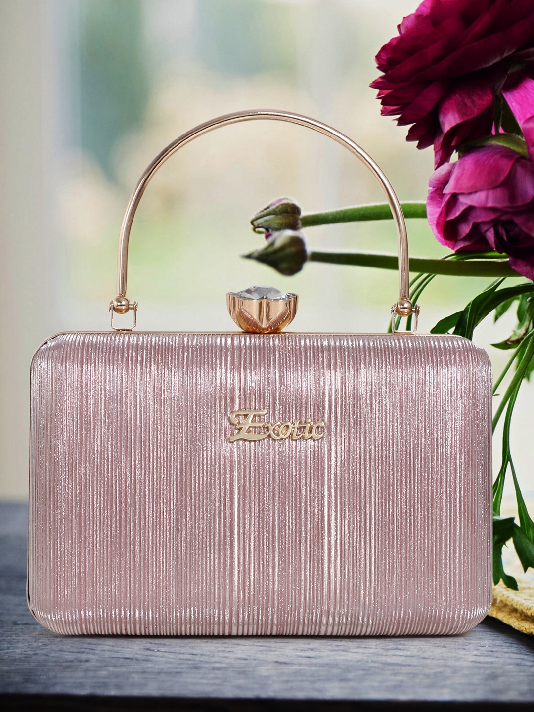 

Exotic Pink & Gold-Toned Textured Fringed Purse Clutch