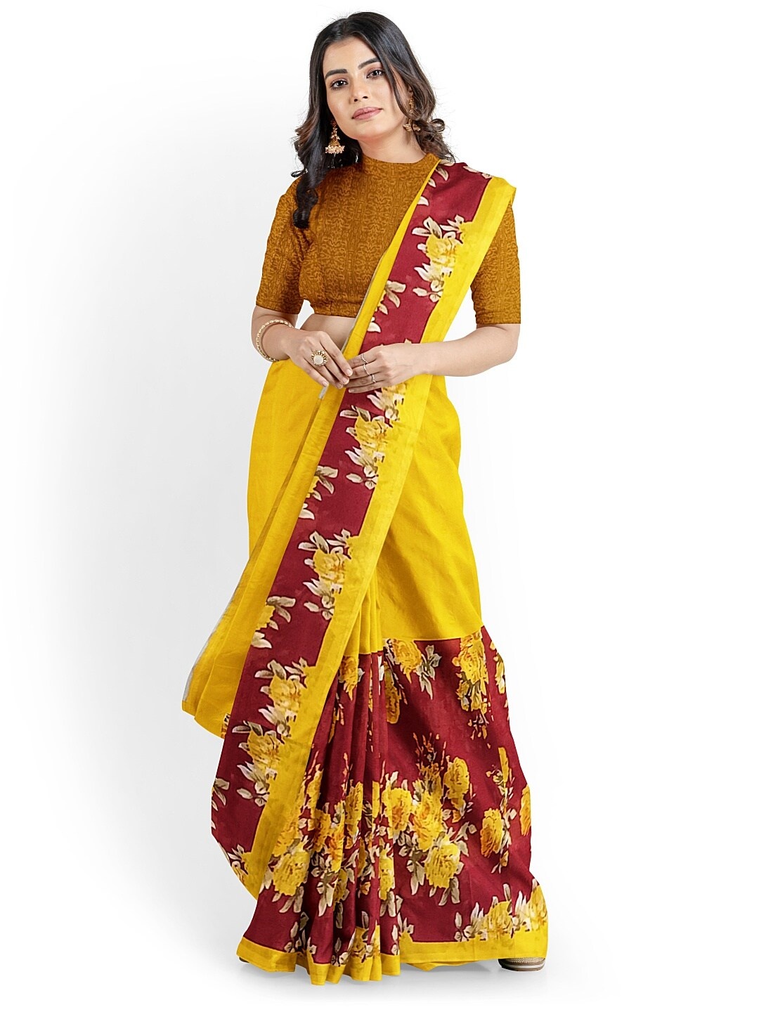 

Florence Yellow & Pink Floral Pure Georgette Fusion Dharmavaram Saree