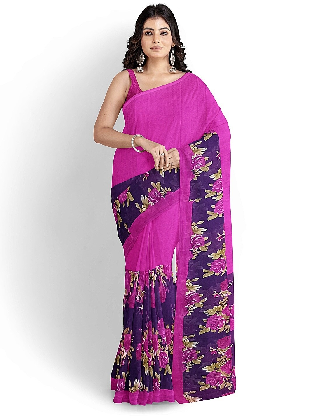 

Florence Pink & Navy Blue Floral Pure Georgette Fusion Dharmavaram Saree
