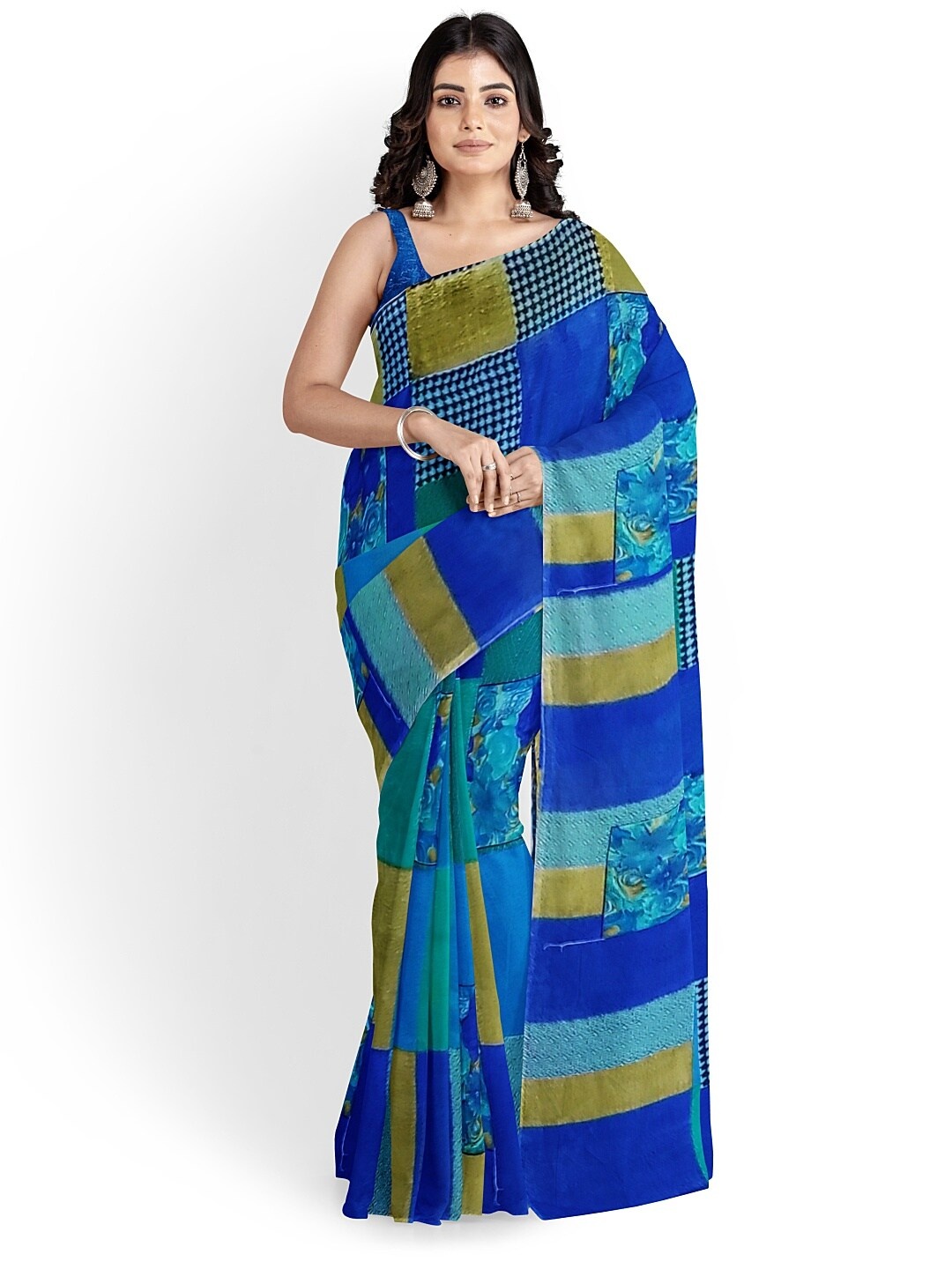 

Florence Blue & Beige Ethnic Motifs Pure Georgette Fusion Dharmavaram Saree