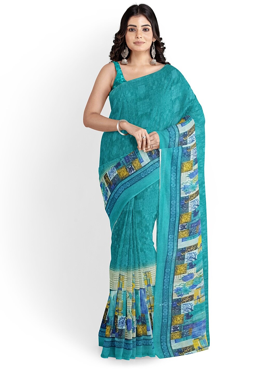 

Florence Green & Yellow Pure Georgette Fusion Dharmavaram Saree