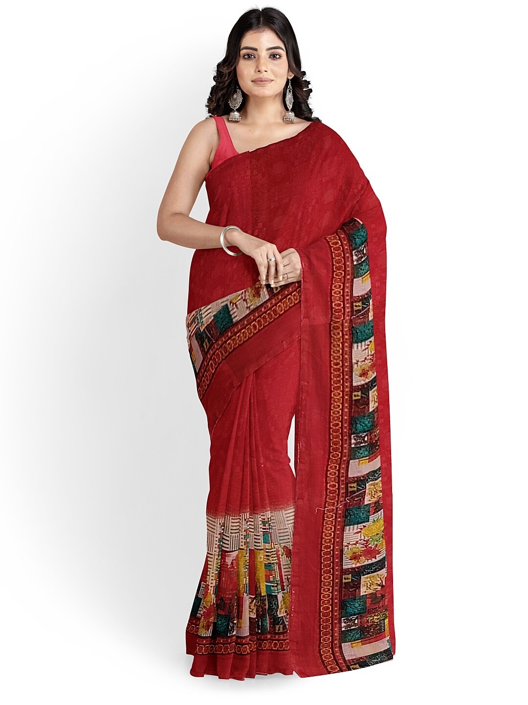 

Florence Peach-Coloured & Yellow Pure Georgette Fusion Dharmavaram Saree
