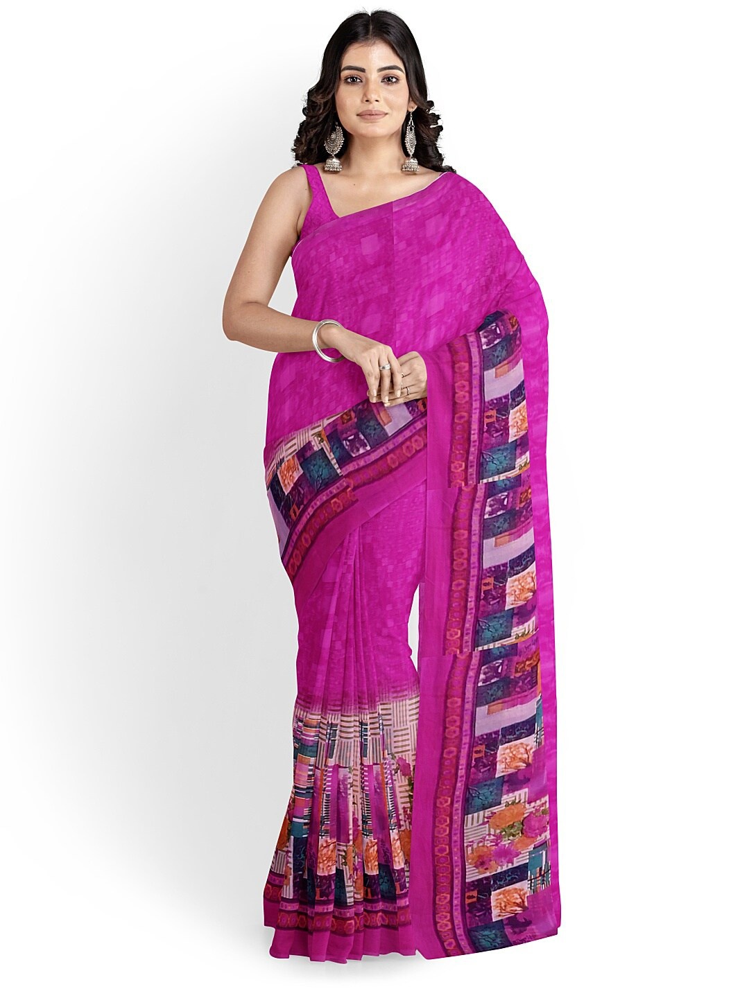

Florence Pink & Blue Colourblocked Pure Georgette Fusion Dharmavaram Saree