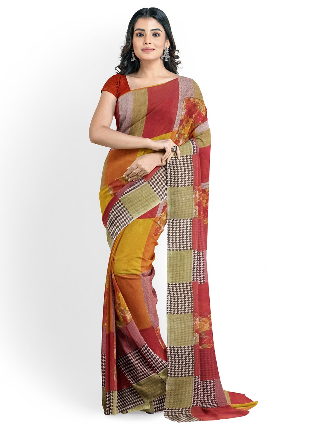 

SAADHVI Women Red & Yellow Colourblocked Pure Georgette Fusion Dharmavaram Saree