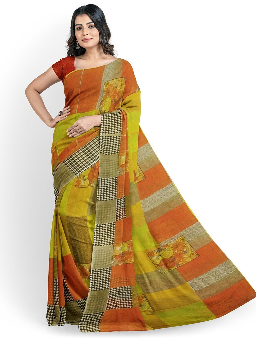 

SAADHVI Yellow & Orange Ethnic Motifs Pure Georgette Fusion Dharmavaram Saree