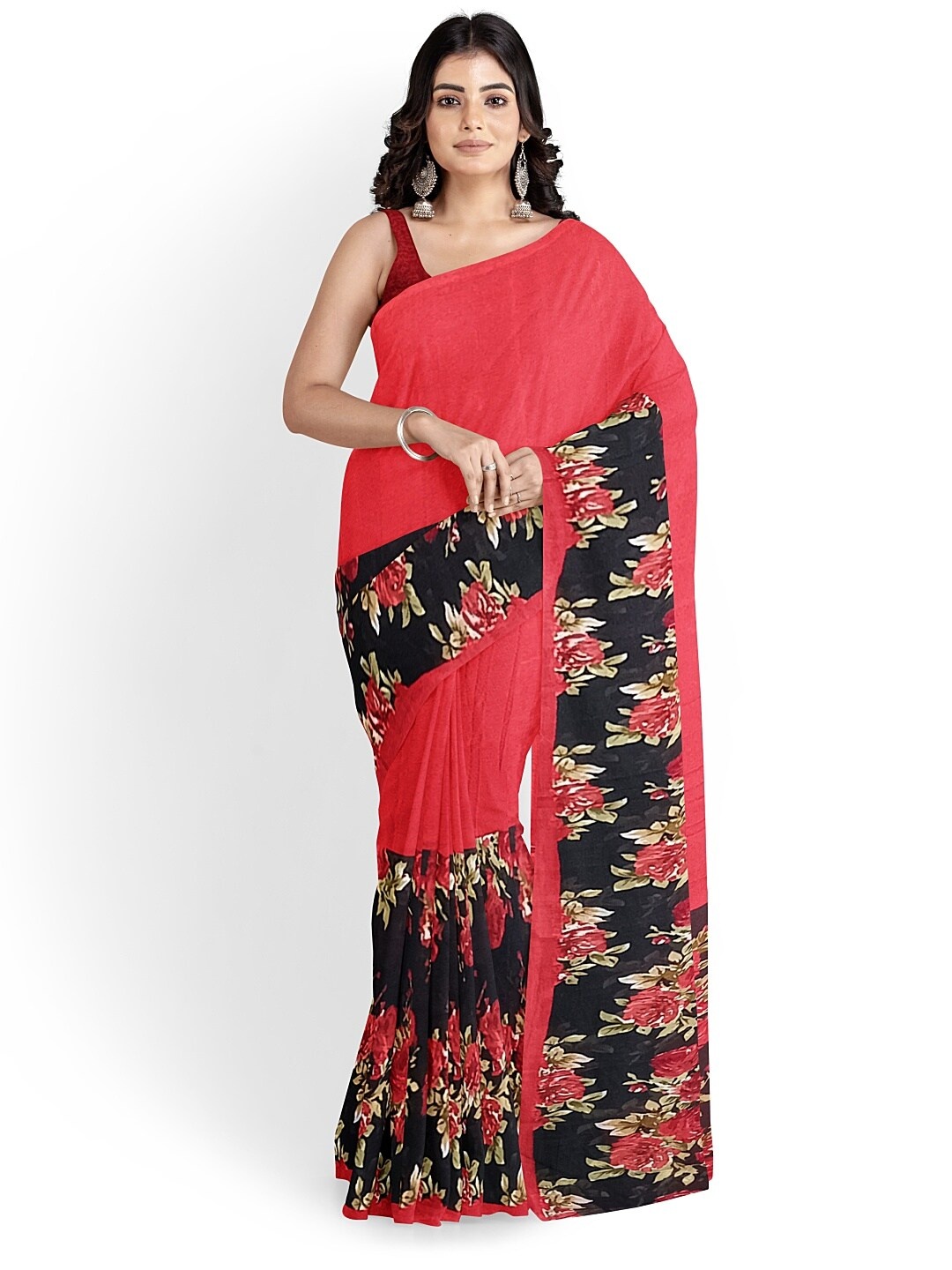

SAADHVI Red & Black Floral Pure Georgette Fusion Dharmavaram Saree