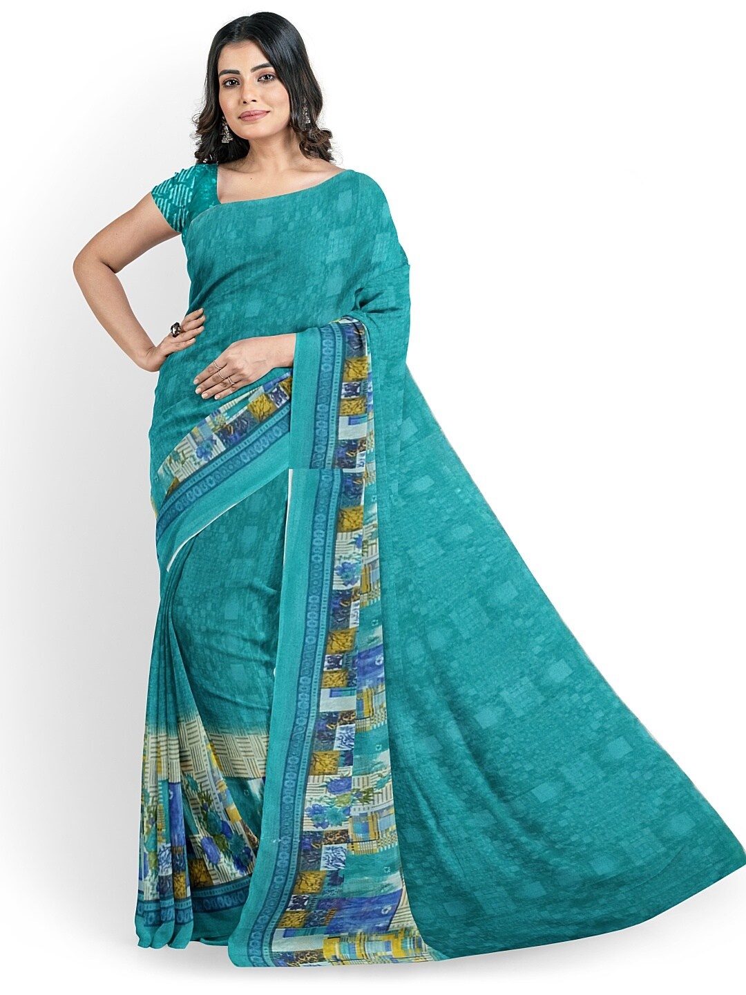 

SAADHVI Green & Blue Colourblocked Pure Georgette Fusion Dharmavaram Saree