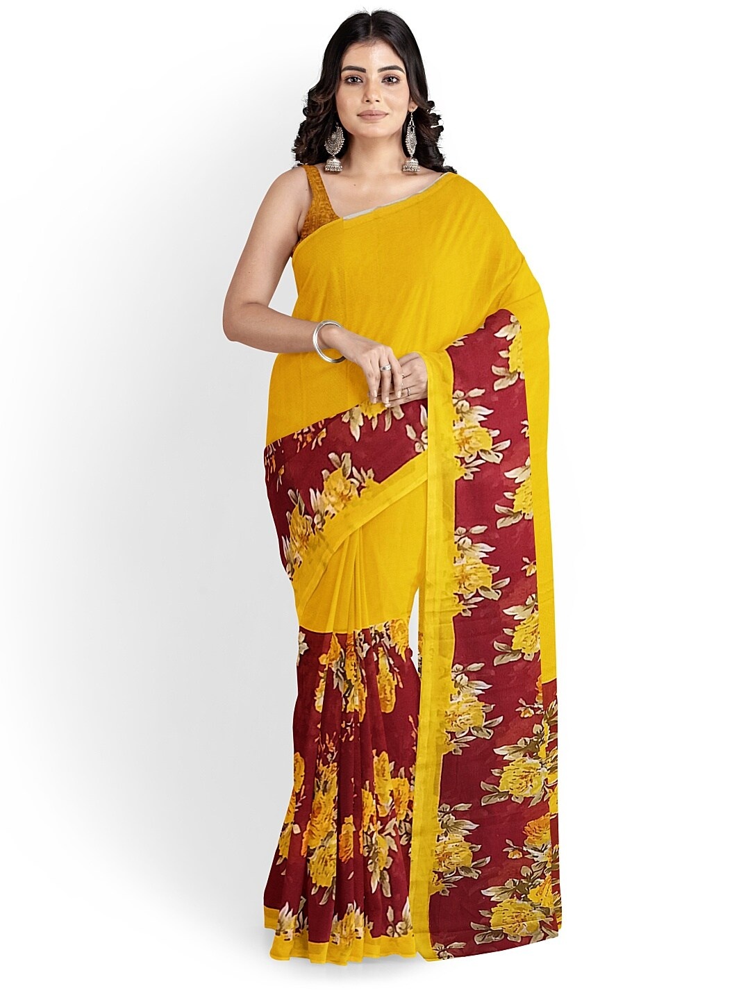 

SAADHVI Yellow & Maroon Floral Pure Georgette Fusion Dharmavaram Saree