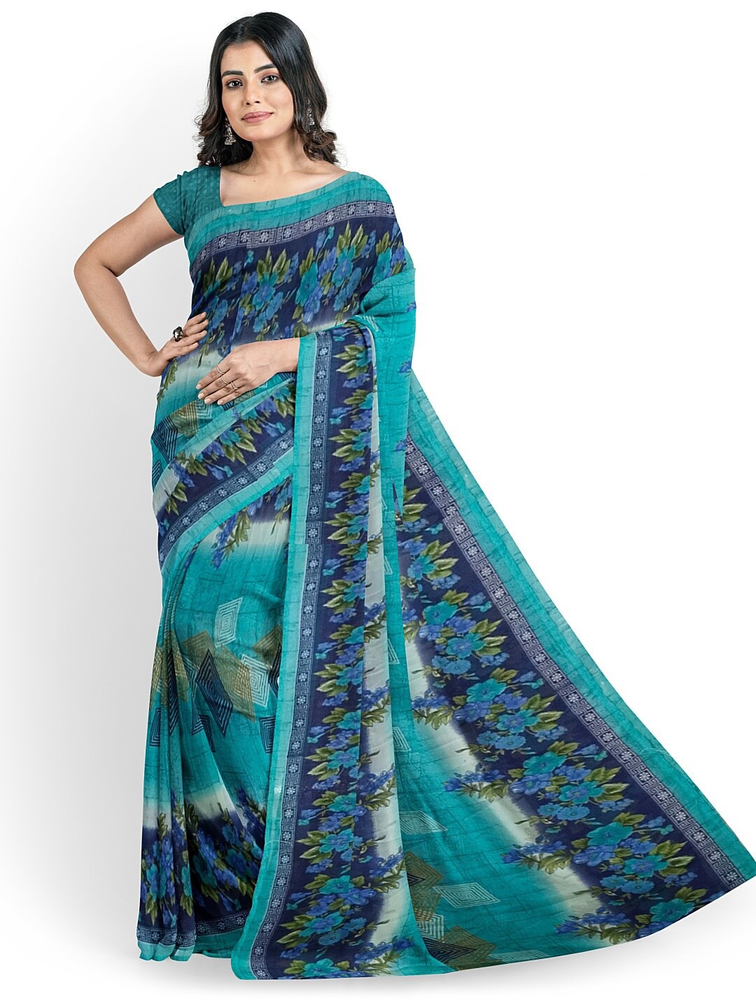 

SAADHVI Green & Blue Floral Pure Georgette Dharmavaram Saree With Unstithed Blouse