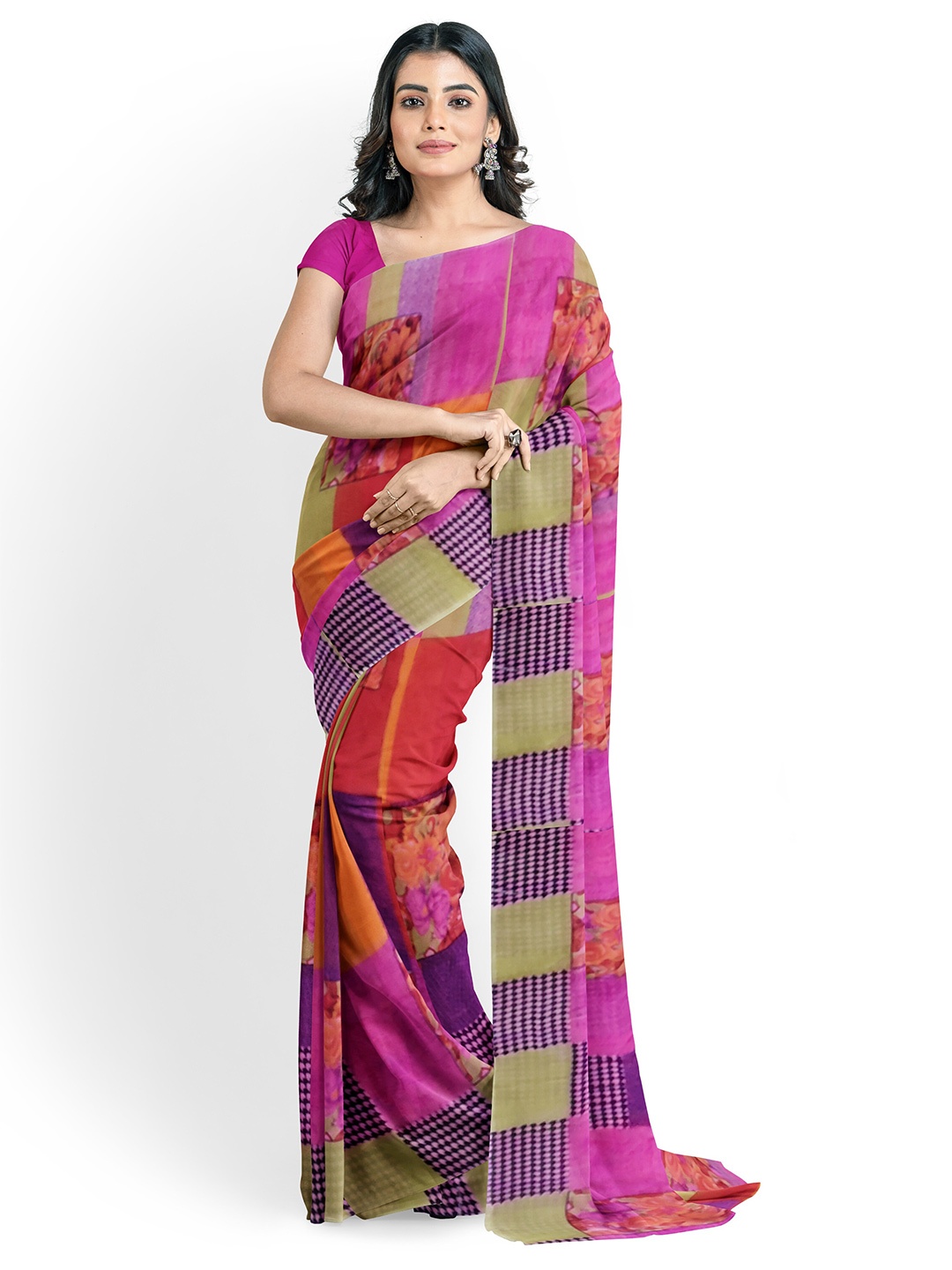 

SAADHVI Pink & Green Pure Georgette Fusion Dharmavaram Saree