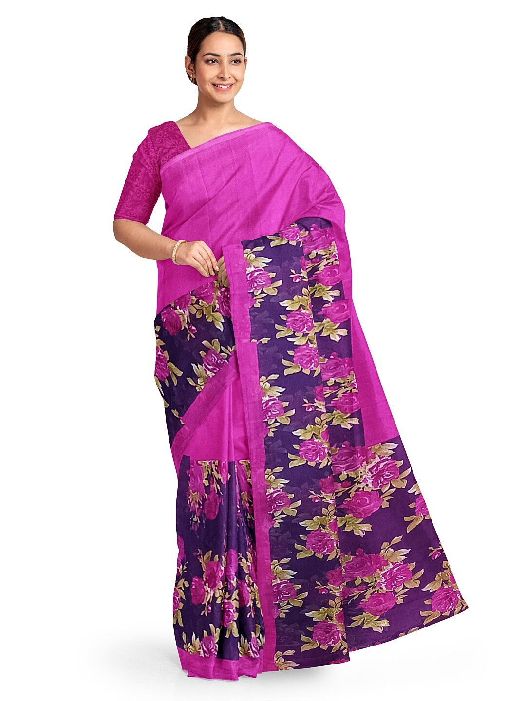 SAADHVI Pink & Green Floral Pure Georgette Dharmavaram Saree