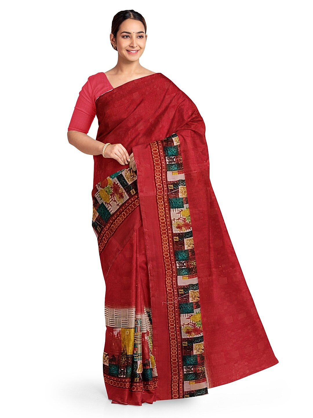 

SAADHVI Red & Green Pure Georgette Fusion Dharmavaram Saree