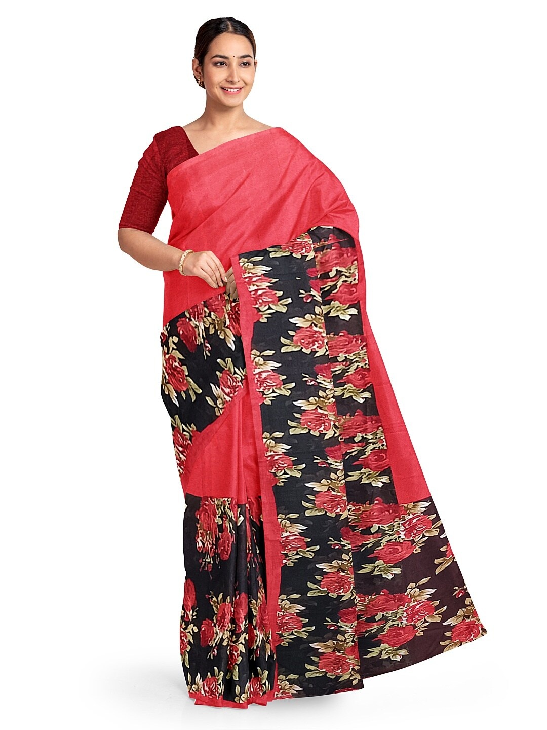 

SAADHVI Red & Coffee Brown Floral Pure Georgette Fusion Dharmavaram Saree
