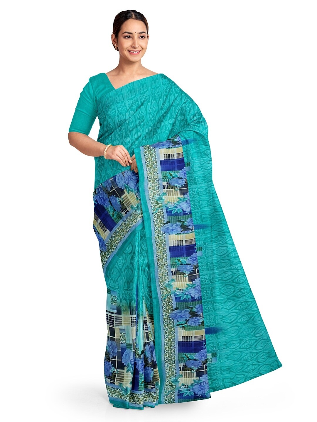 

SAADHVI Teal Floral Pure Georgette Fusion Dharmavaram Saree