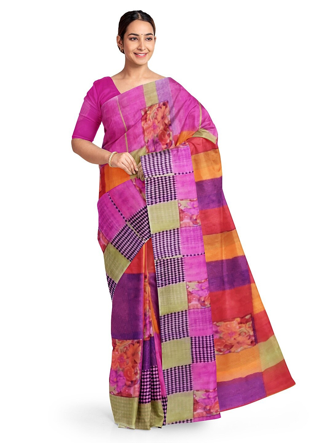 

SAADHVI Pink & Purple Striped Pure Georgette Fusion Saree