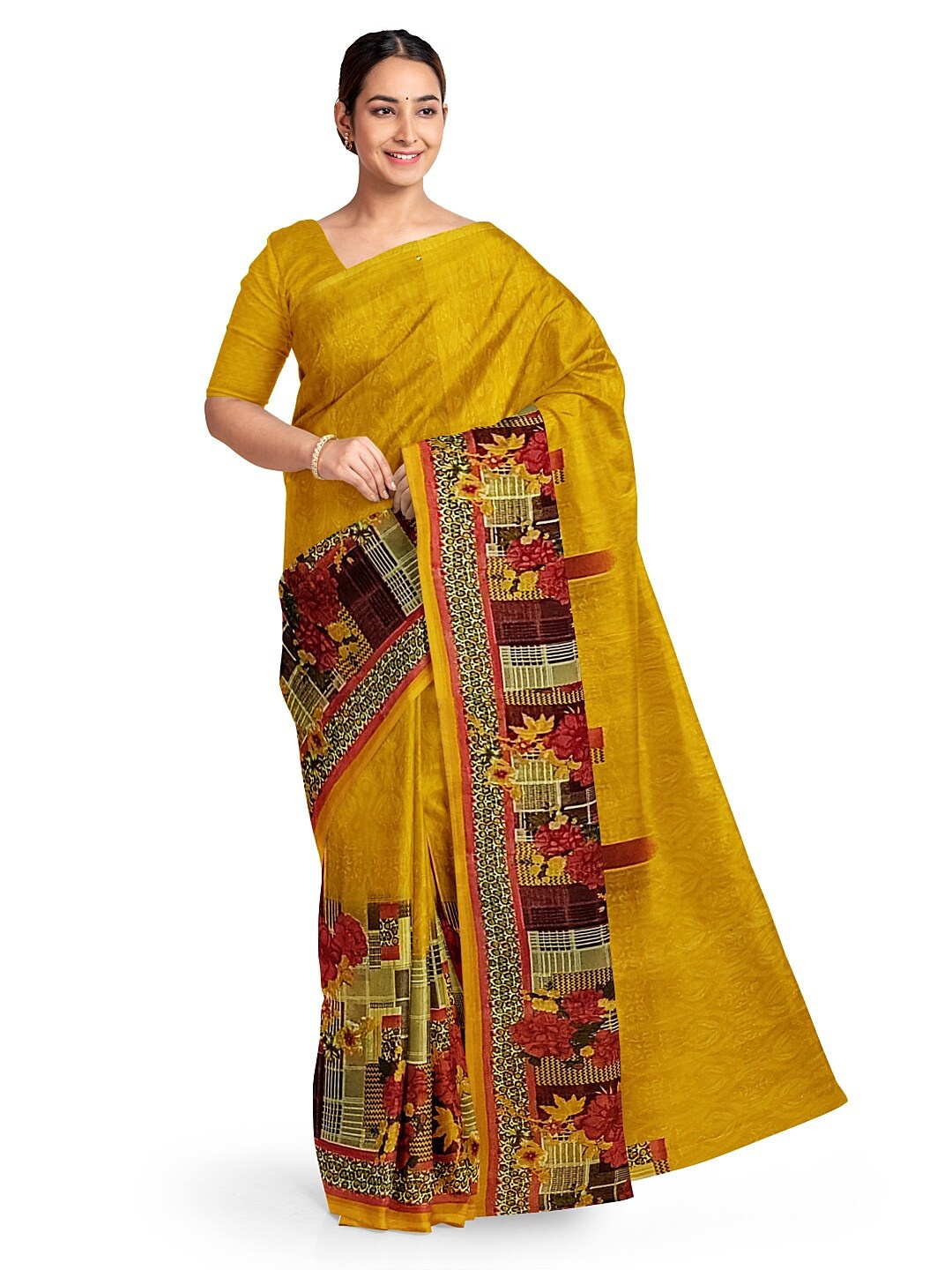 

SAADHVI Yellow & Red Floral Pure Georgette Fusion Dharmavaram Saree