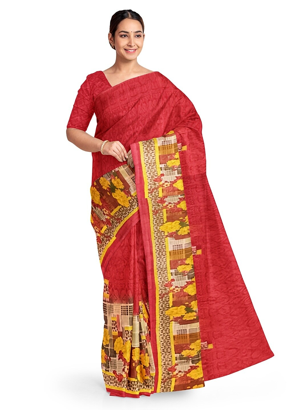 

SAADHVI Red & Yellow Floral Pure Georgette Fusion Dharmavaram Saree