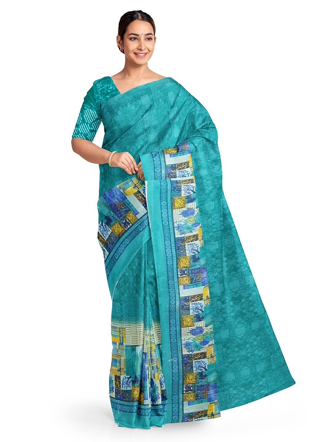 

SAADHVI Green & Blue Colourblocked Pure Georgette Fusion Dharmavaram Saree