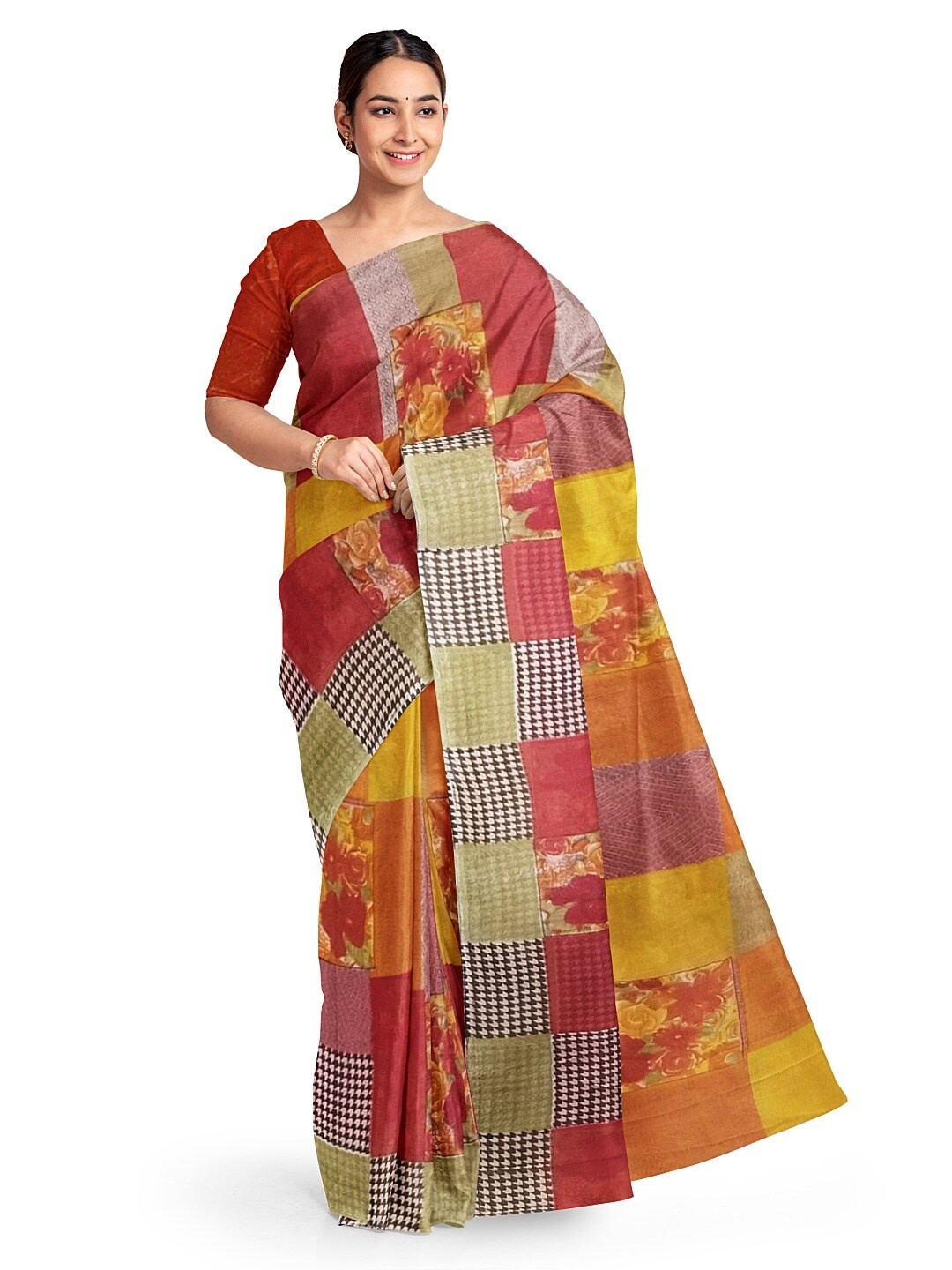 

SAADHVI Red & Yellow Colourblocked Pure Georgette Fusion Dharmavaram Saree
