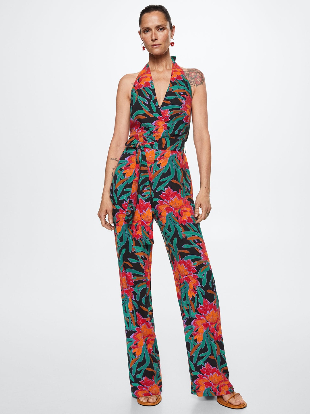 

MANGO Black & Green Floral Print Basic Jumpsuit