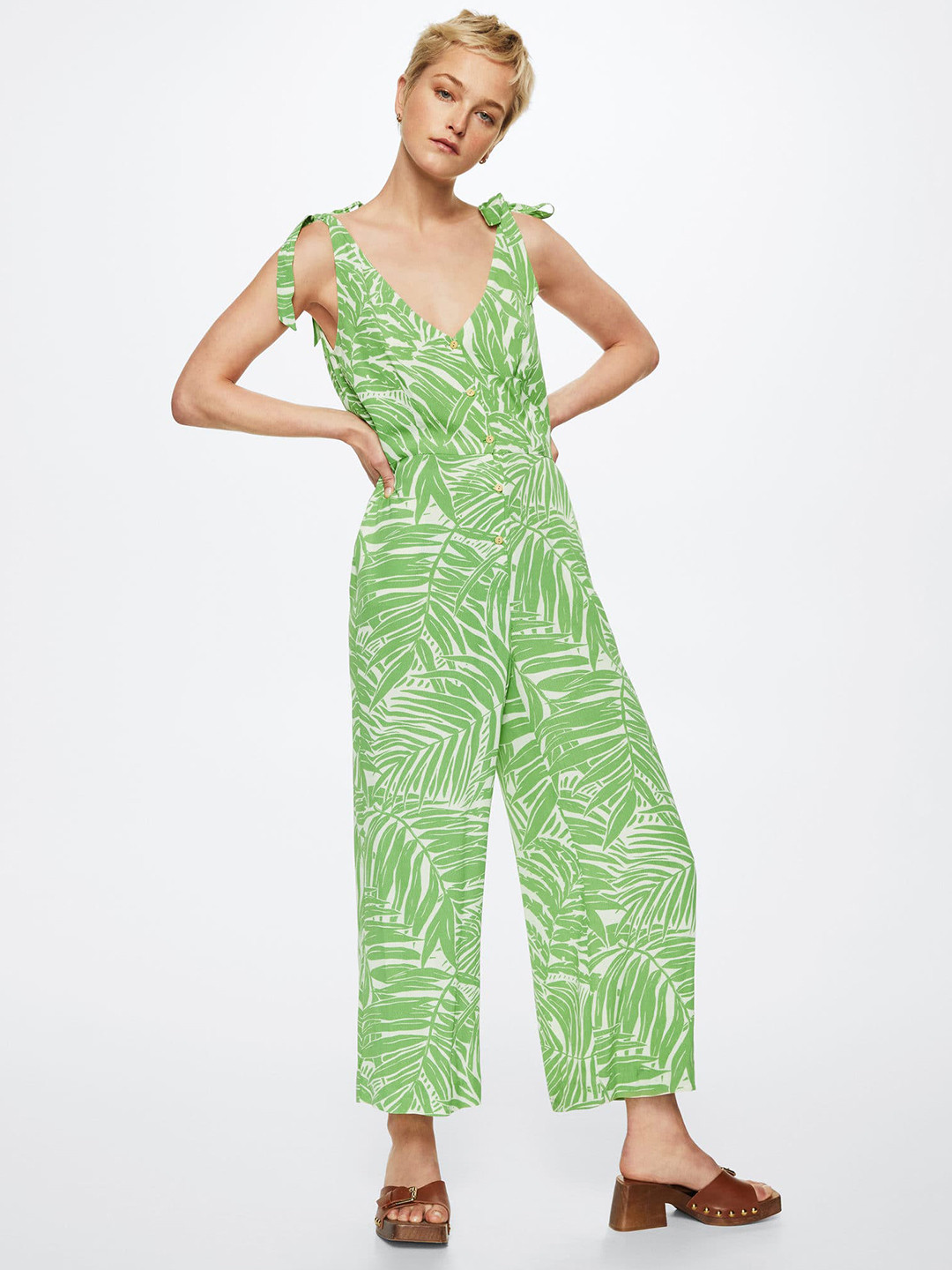 

MANGO Green & White Printed Basic Jumpsuit
