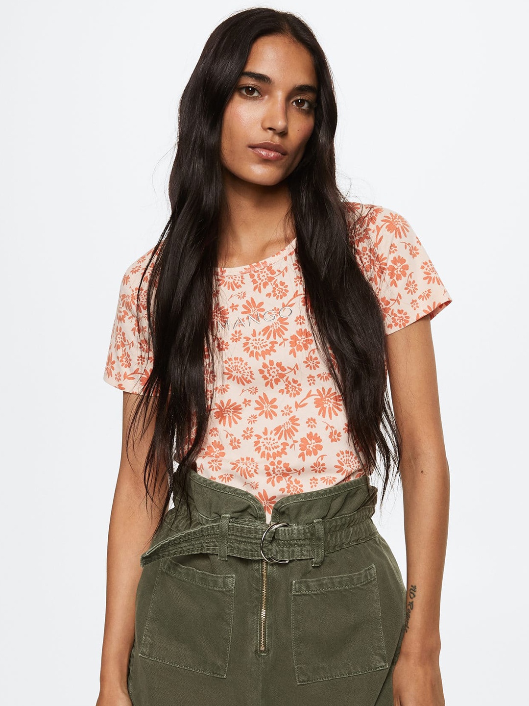 

MANGO Women Off White & Orange Floral Printed Pure Cotton T-shirt