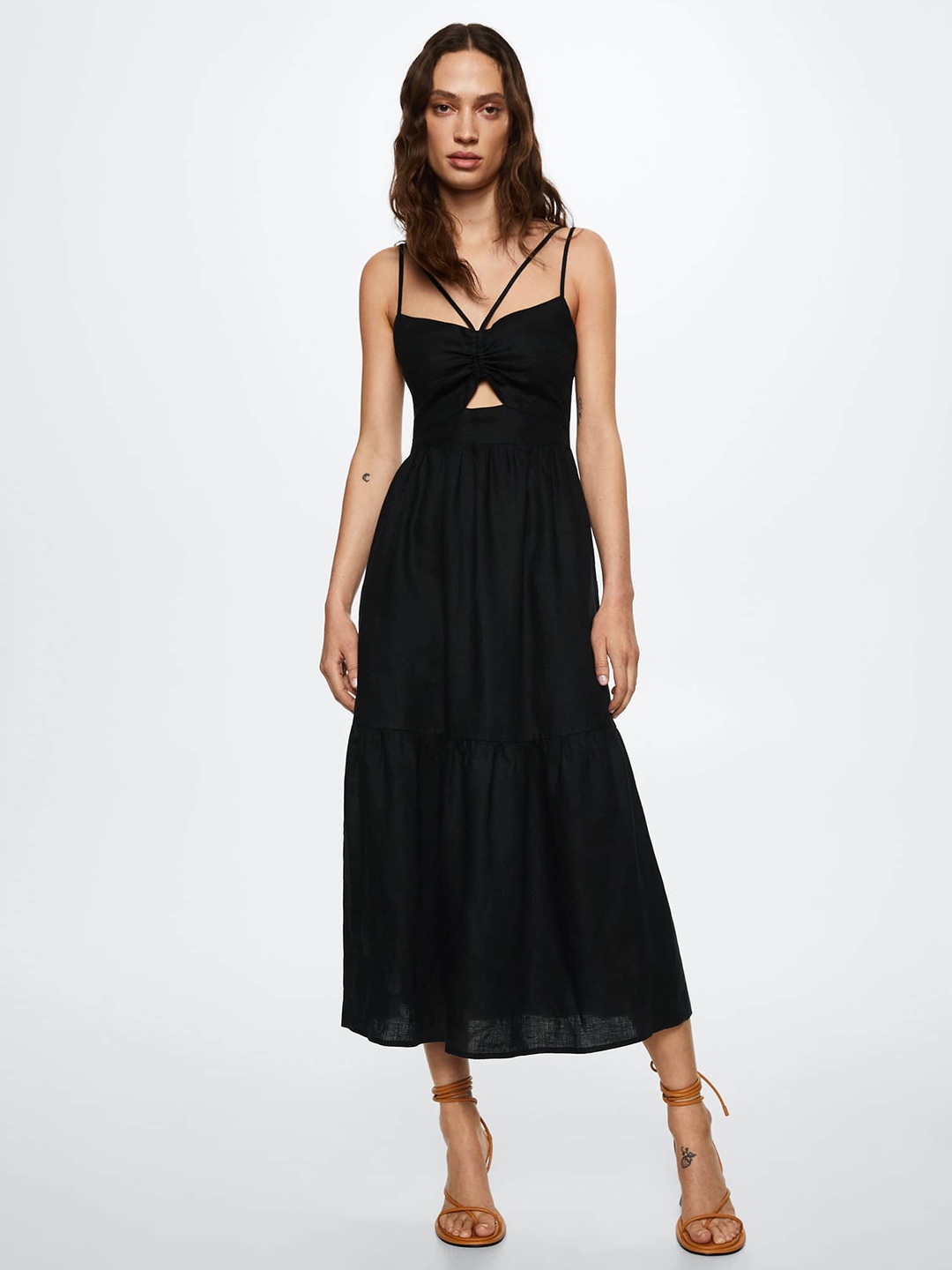 

MANGO Black Solid Linen Sheath Midi Dress