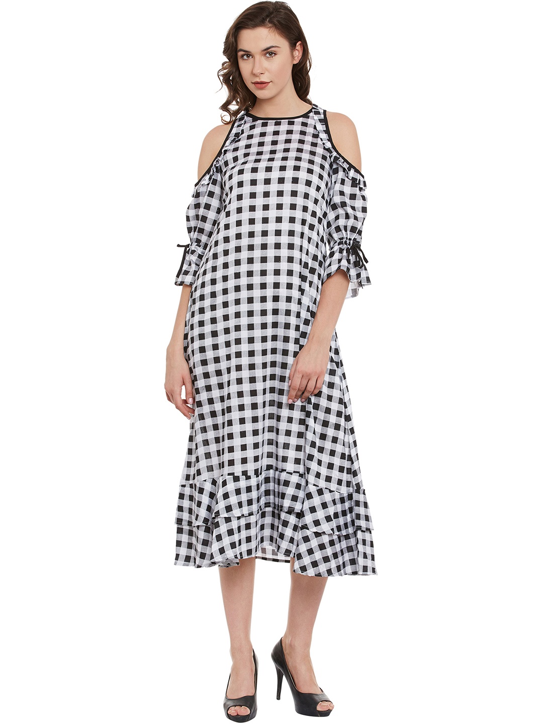 

Belle Fille Women Black Georgette Checked A-Line Dress