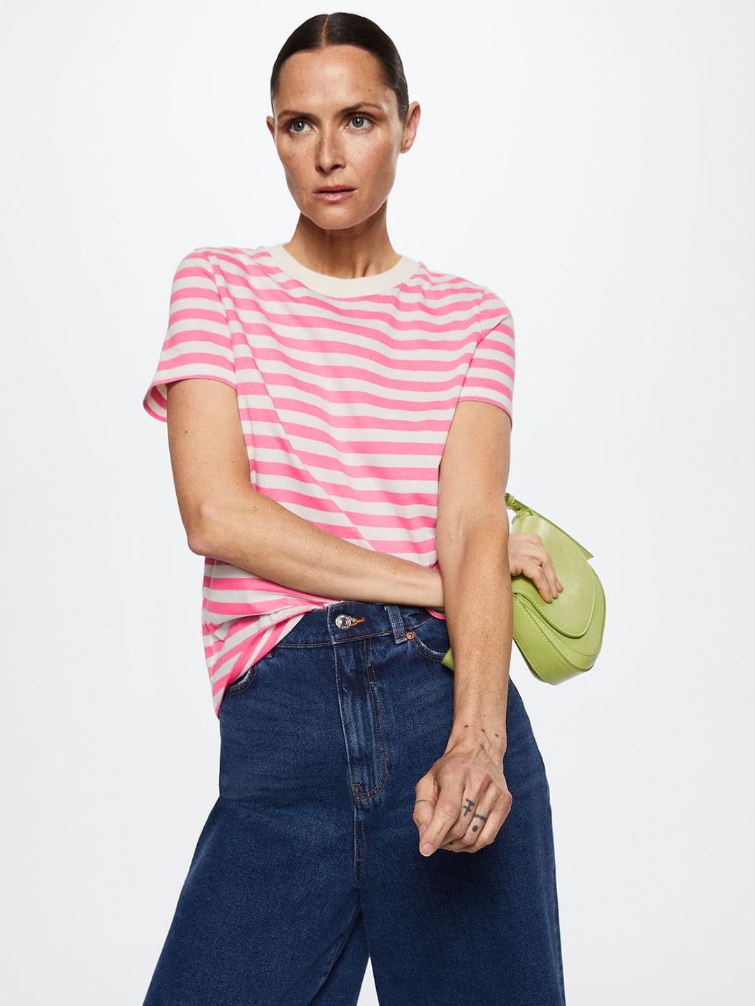 

MANGO Women White & Pink Striped Pure Cotton T-shirt